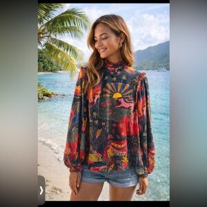 FARM Rio Multicolor Printed Puff-Sleeve Blouse